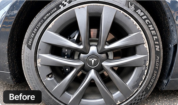 Tesla wheel before curb rash repair